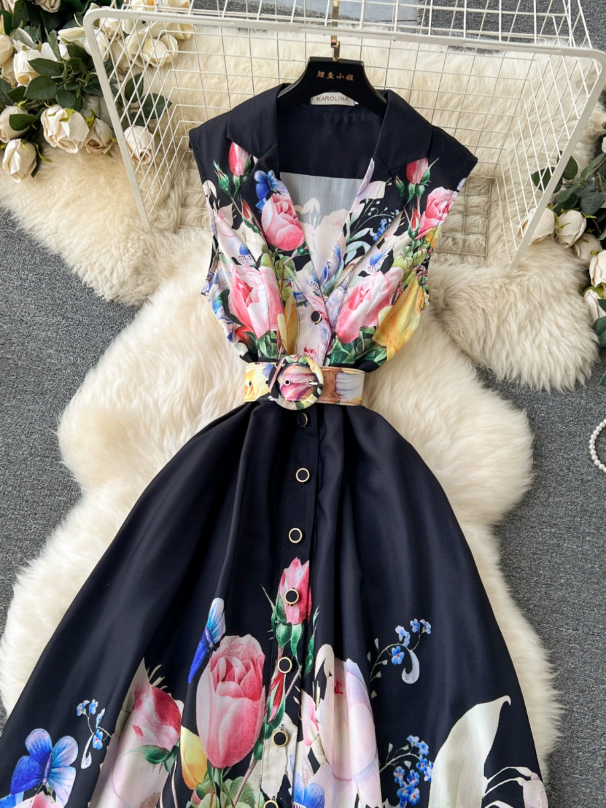 Floral High-Ended Print Sleeveless Dress For Women with Suit Collar and Belted Waist