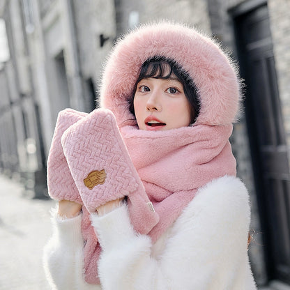 Winter Thickened And Warm Fleece Hat Style Scarf Gloves 3 In One Cold-Proof Plush Hat