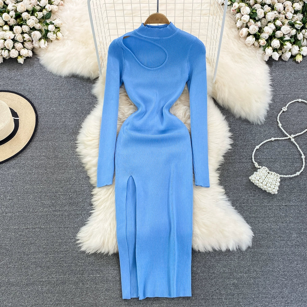 Women's Winter Slim Fit Knitted Bodycon Dress With Long-Sleeved Stand-Collar