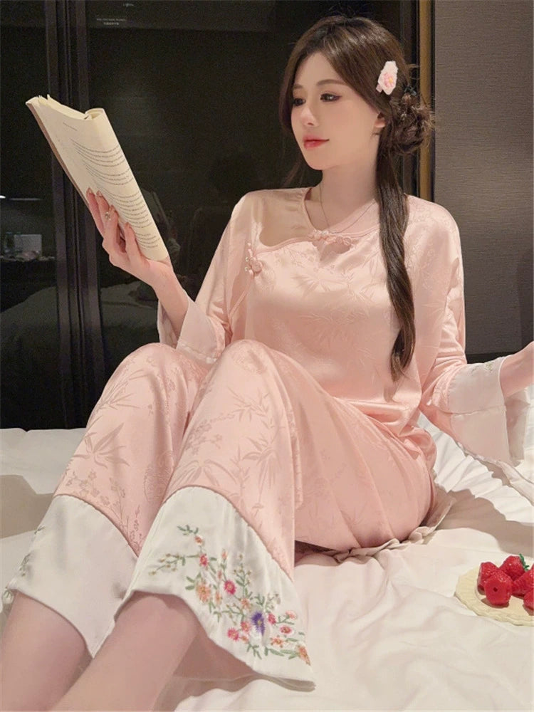 Chinese Floral Ice Silk Pajamas Long Sleeved Silk Suits