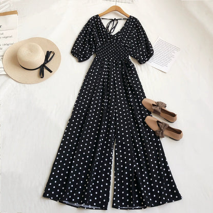 Summer V-neck polka-dot high-waist lace-up bubble short-sleeved jumpsuit