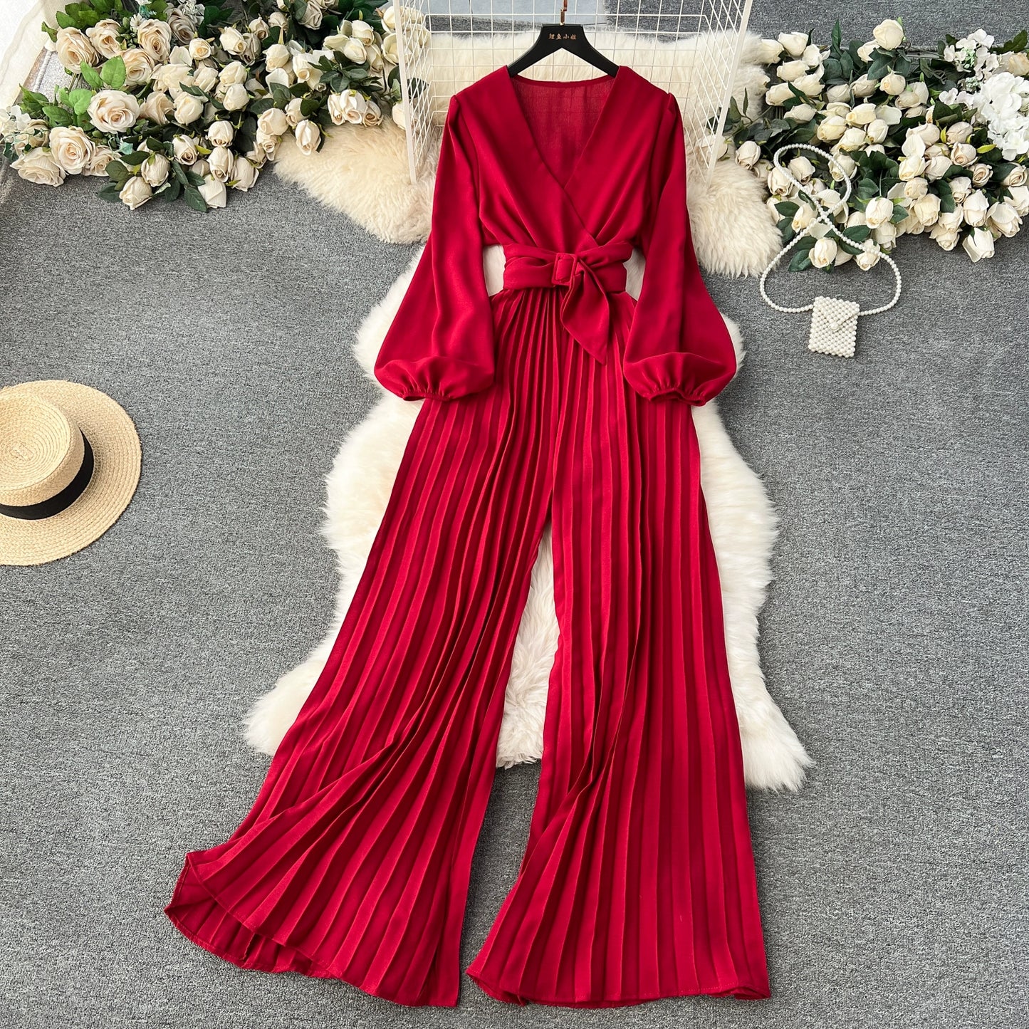 European And American Spring V-Neck Puff Sleeve Tie Waist Long Pressed Pleated Wide-Leg Pants Jumpsuit