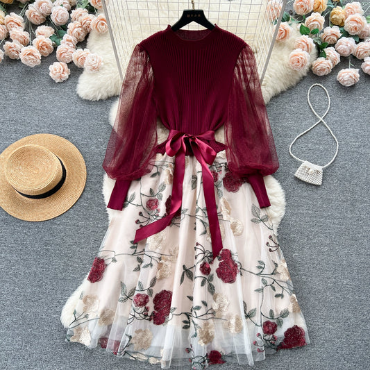 Women's Luxury Style Knitted Stitched Embroidered Mesh Dress With Lace-Up Waist Temperament Fairy Skirt