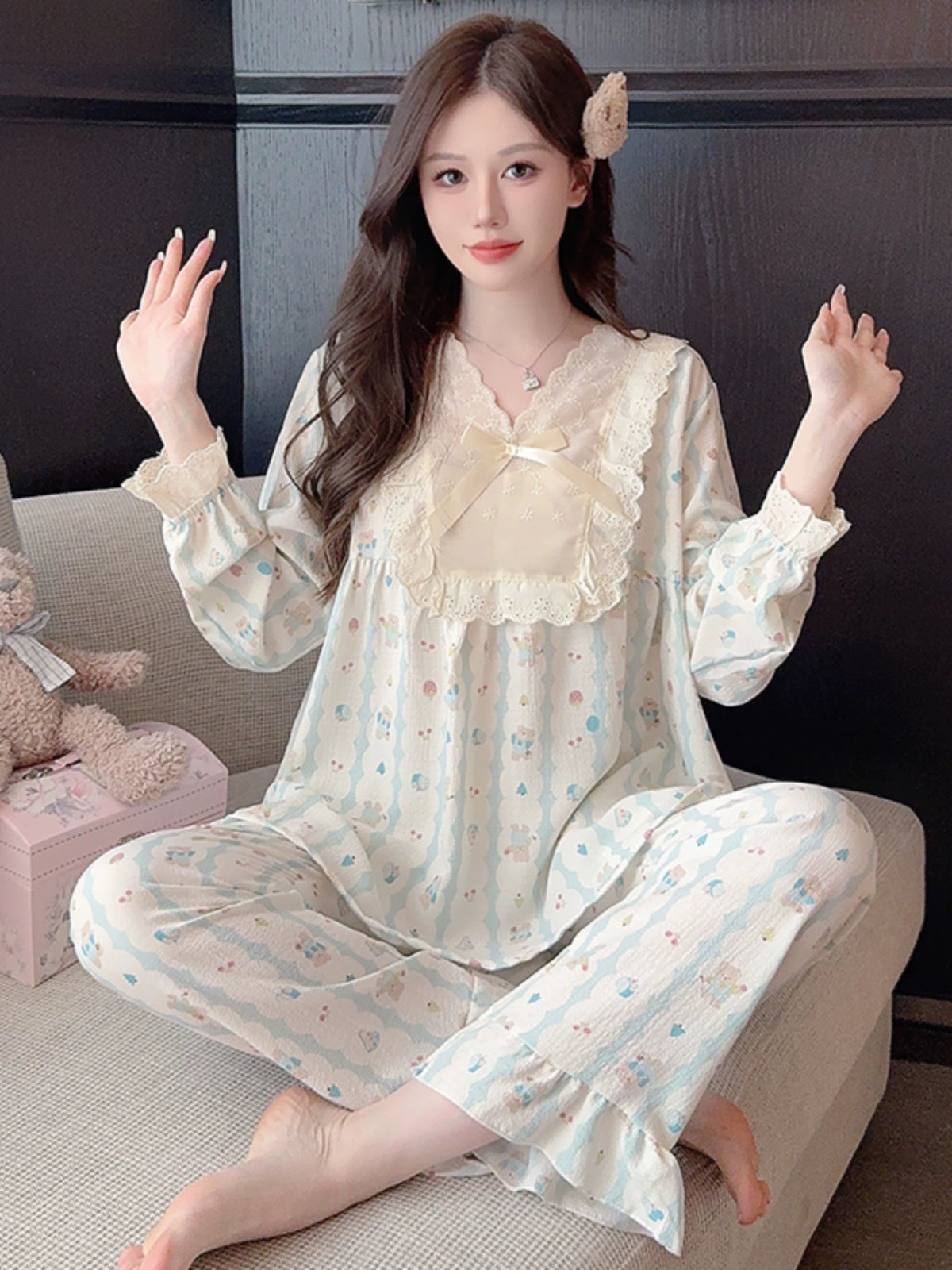 Ladies Long Sleeve Loungewear Floral Pajamas Set