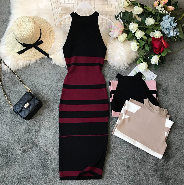 Women's Luxurious Striped Halterneck Knitted Midi Dress