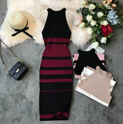 Women's Luxurious Striped Halterneck Knitted Midi Dress