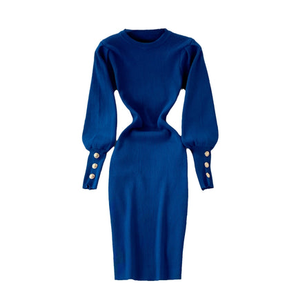 Sophisticated Winter Stretch Knitted Fit Bodycon Dress With Long Puff Sleeves