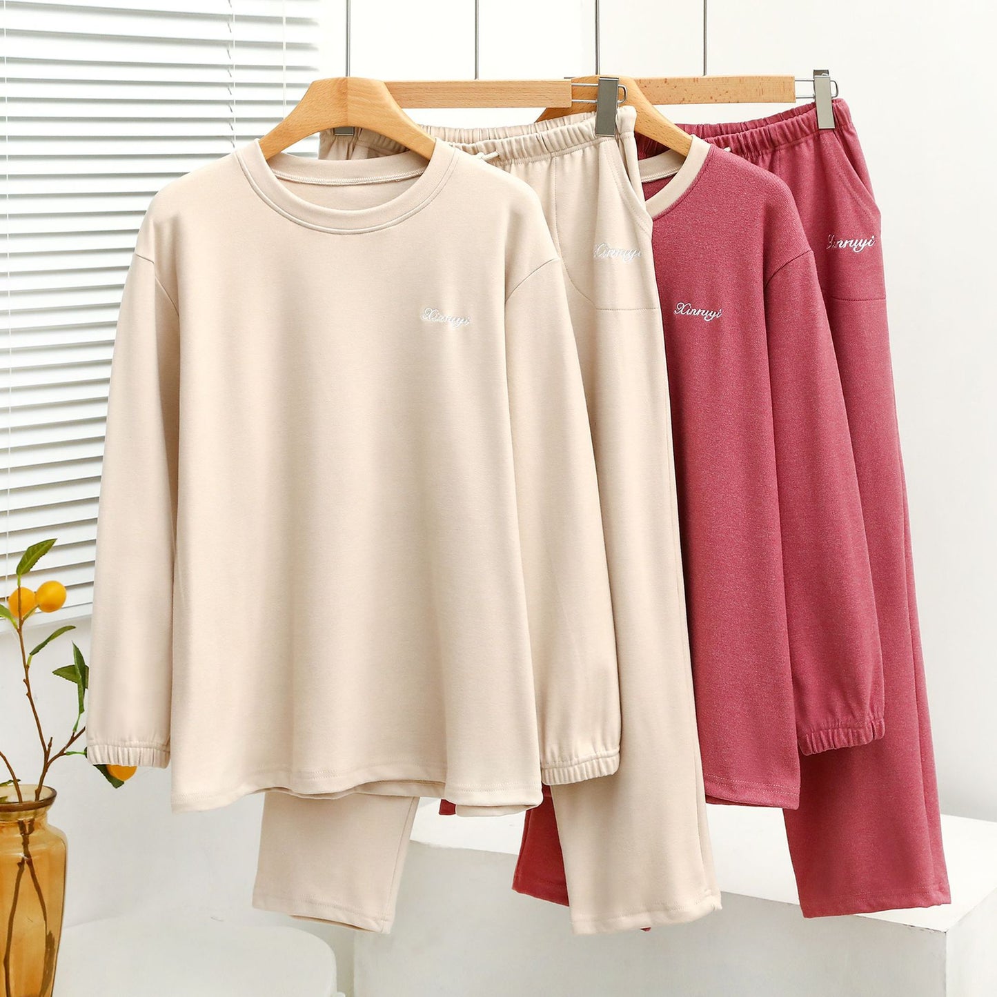 Warm Embrace Velvet Contrast Round Neck Long Sleeve Loungewear Two-Piece Set For Women