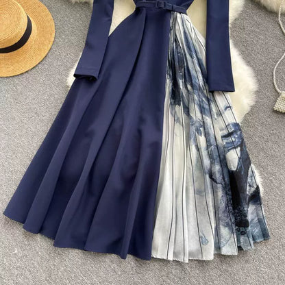 V-neck light luxury European Hepburn style print pressed over the knee Dress
