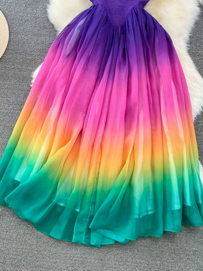 Elegant Rainbow Gradient Chiffon Dress with Cinched Waist and A-Line Silhouette