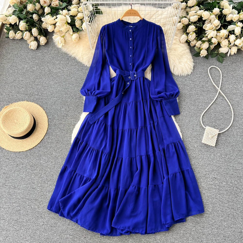 Elegant Spring V-Neck Chiffon Dress with Single-Breasted Design and Cinched Waist