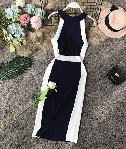 Elegant Off-Shoulder Halter Neck Black and White Bodycon Dress