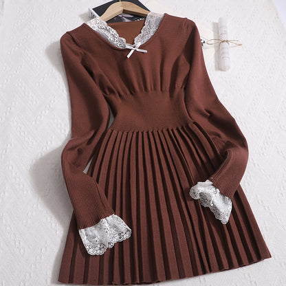 Luxury Korean Retro Lace V-Neck Long-Sleeved Pleated Skirt Stitched knitted Dress