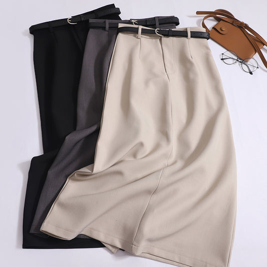 Women's High-End Temperament High-Waisted Thin Drape Slit One-Step Hip Skirt With Belt