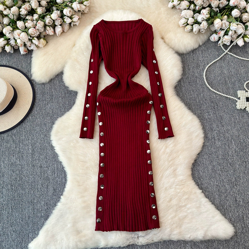 Women's Knitted Round Neck Long Sleeve Slim Hip Bodycon Dress For Winter