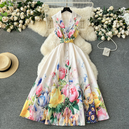 Floral High-Ended Print Sleeveless Dress For Women with Suit Collar and Belted Waist