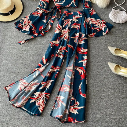 V-neck Floral Design printed tops flared sleeves high waist two-piece suits