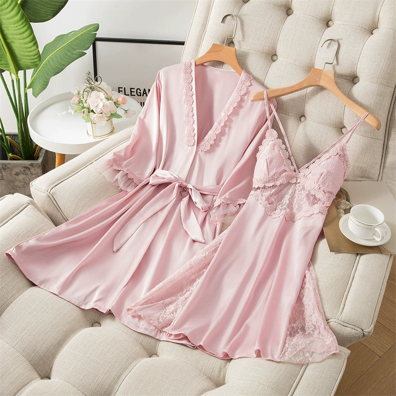 Summer Ice Silk Suspender Womens Nightgown Two-Piece Set