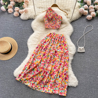 Vacation Ready Floral Printed Suit with Cropped Top and Flowy Skirt For Women