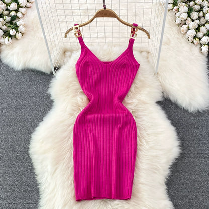 Elegant Chain Vest Slip Knitted Slim Short Bodycon Dress