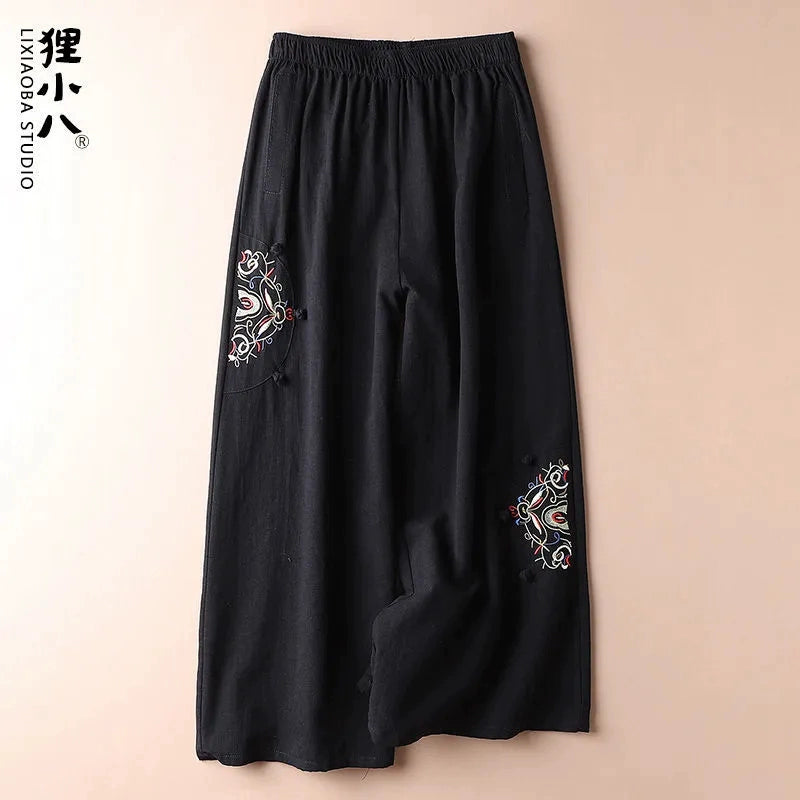 Summer Retro Style Embroidered cotton and linen slacks, women's pant