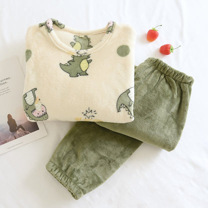 Little Dinosaur Printed Flannel Suits Warm and Thickened Comfortable Loungewear For Autumn and Winter