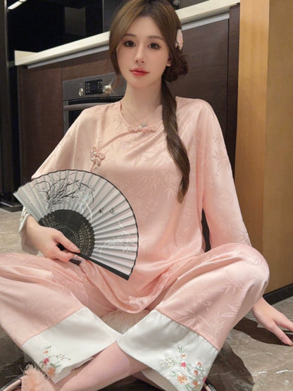 Chinese Floral Ice Silk Pajamas Long Sleeved Silk Suits