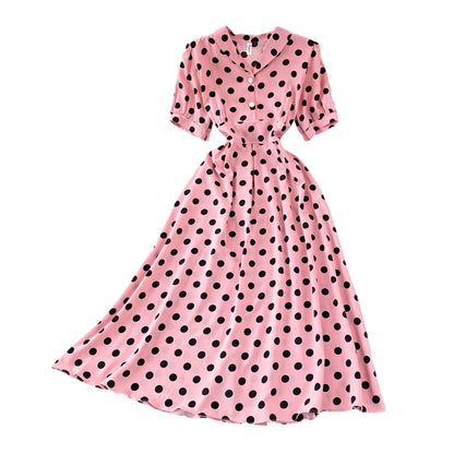 French Flair Retro Dress with V-Neck and Puff Sleeves Polka Dot Design