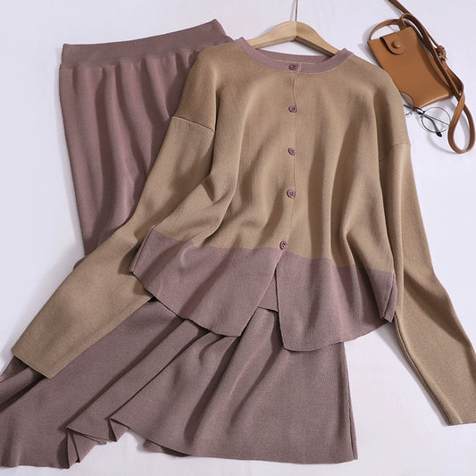 Women's Temperament Solid Color Contrasting Round Neck Long-Sleeved High-Waisted knitted Cardigan Top With Skirt