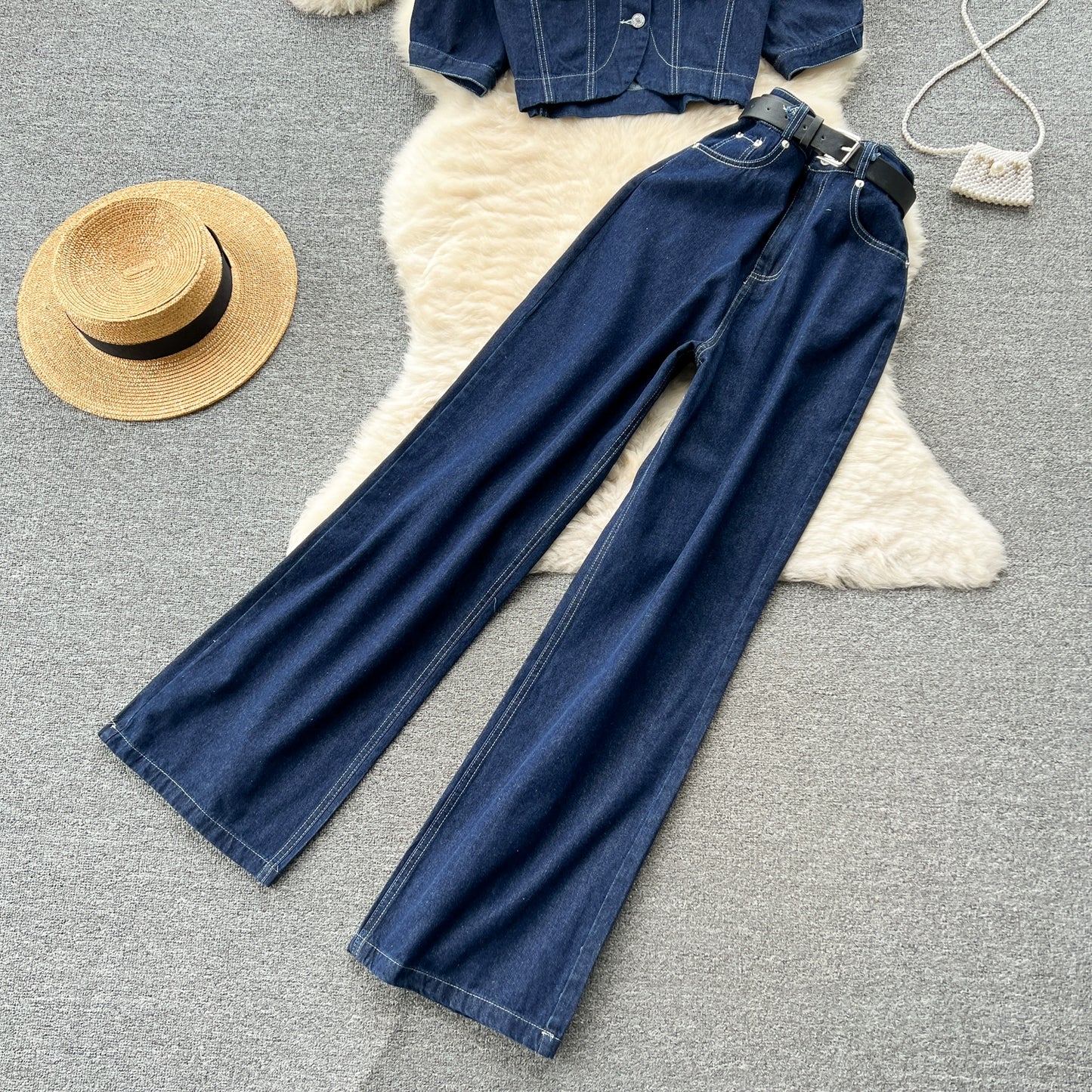 Women's Summer Pure Desire Retro Denim Suit Small Waist Coat High-Waisted Slim Wide-Legged Trousers