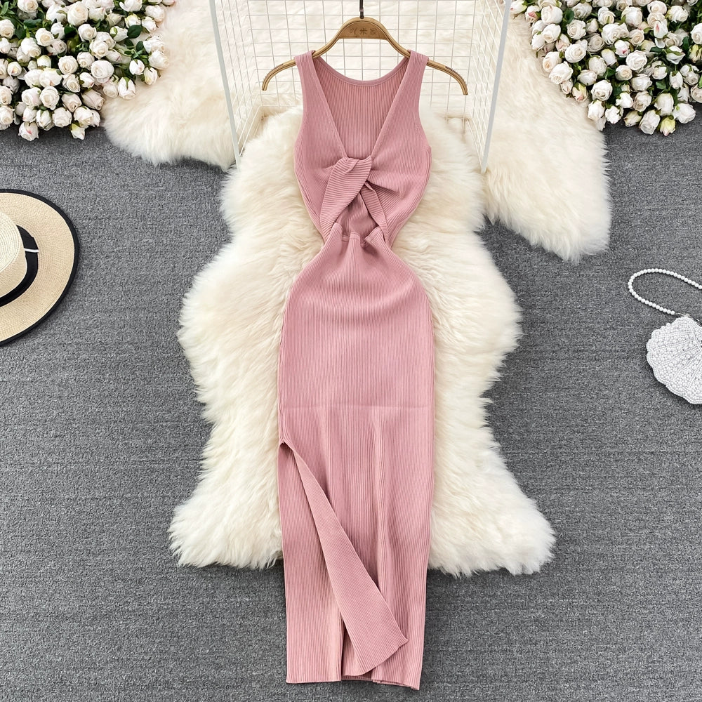 Sleeveless Slim Fit Knitted Dress with Hip-Length Bodycon Dress