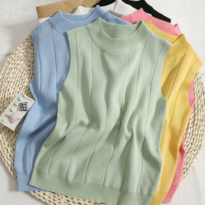 New Korean Version Solid Color Knitted Round Neck Sleeveless Vest T-shirt Top