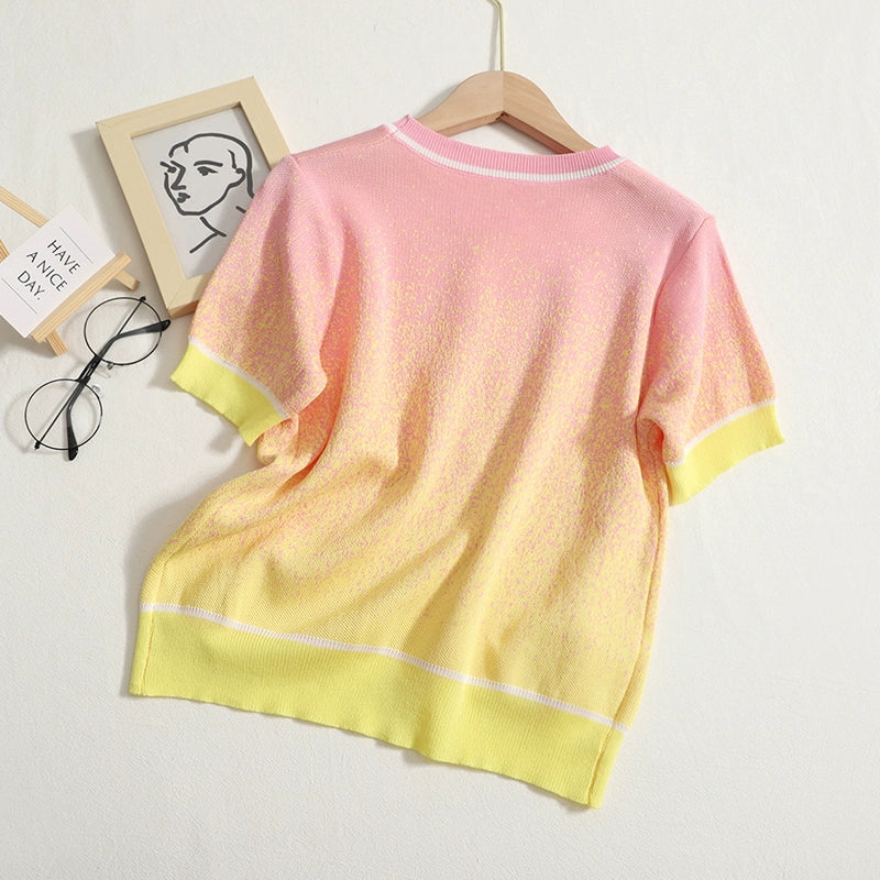 Versatile Colorful Gradient knitwear Round Neck Short Sleeve Summer Casual T-shirt Top For Summer