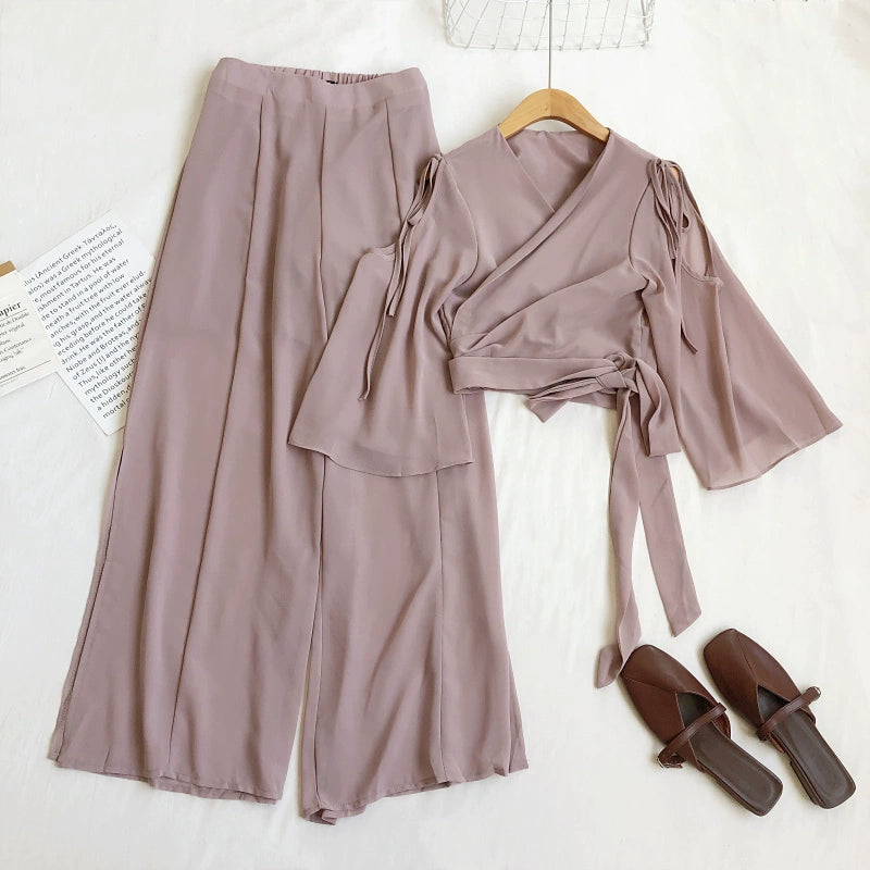 Fashionable Temperament V-Neck Tie Waist Short Bell Sleeve Shirt With High-Waisted Slit Wide-Leg Pants