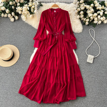 Elegant Spring V-Neck Chiffon Dress with Single-Breasted Design and Cinched Waist