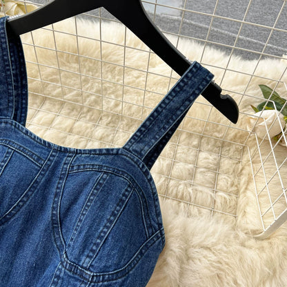 Women's Summer Retro Style Camisoles Denim Jumpsuits Waist Slim Fit Thin Wide-Legged Trousers