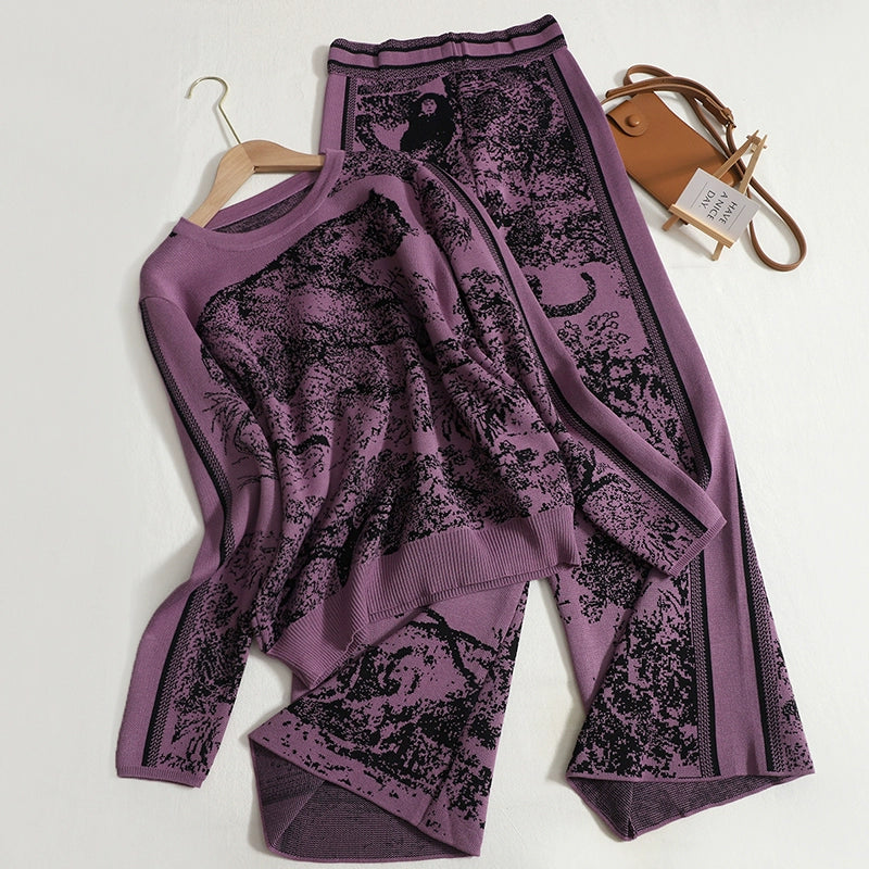 Women's Ink Painting Jacquard Loose Round Neck Long Sleeve Knitted Top With High Waist Straight Leg Wide Leg Pants