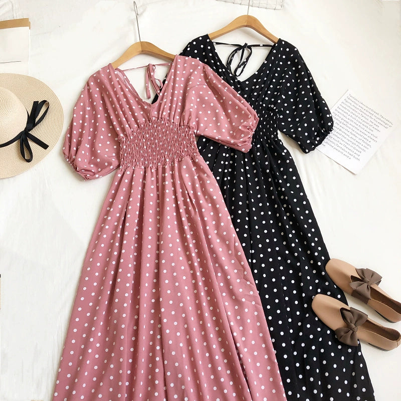 Summer V-neck polka-dot high-waist lace-up bubble short-sleeved jumpsuit