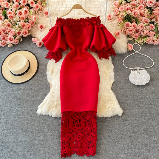 Luxurious  French-Inspired Lantern Sleeves, and Red Hue Lace Detailing Dress