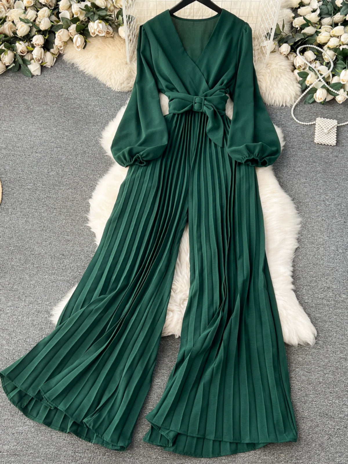 European And American Spring V-Neck Puff Sleeve Tie Waist Long Pressed Pleated Wide-Leg Pants Jumpsuit