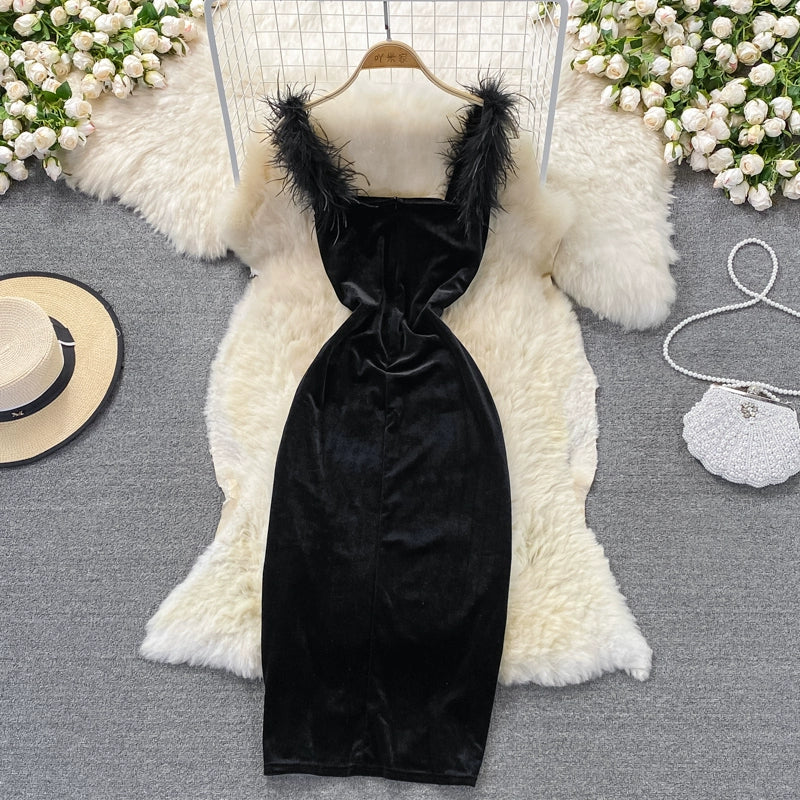 Luxury Velvet Slit Slim Waist Black Suspender Bodycon Dress