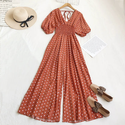 Summer V-neck polka-dot high-waist lace-up bubble short-sleeved jumpsuit