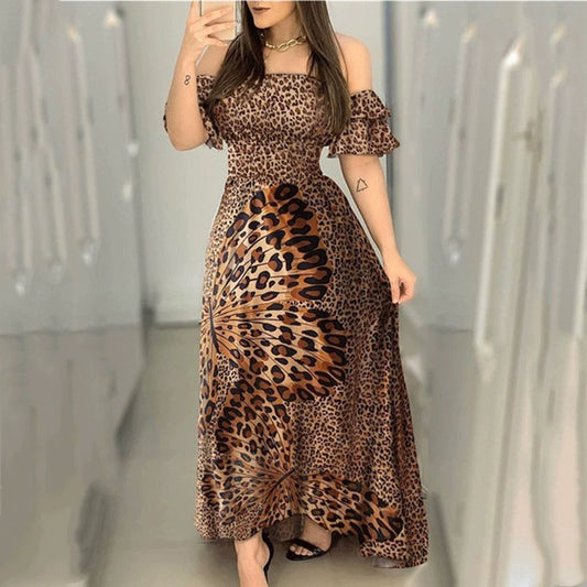 Elegant Leopard Print Maxi Dress with Butterfly Pattern Off-Shoulder Summer Party Gown for Women