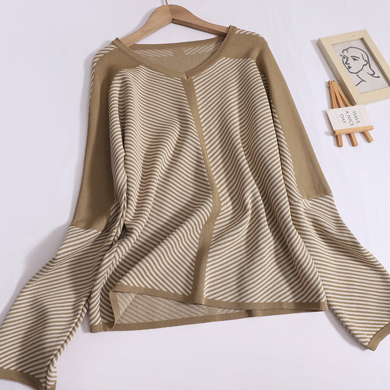 New Loose And Slim V-Neck Color-Blocked Striped Long-Sleeved knit Sweater With Casual Pants