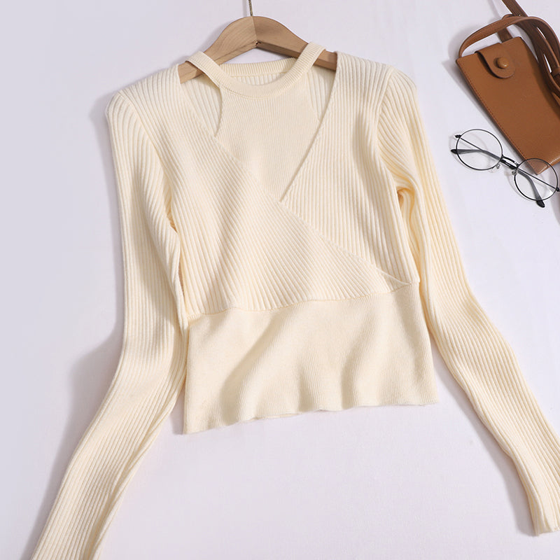 Elegant Cut-Out Halter Neck Long-Sleeved knitted Slim Cross Crop Top