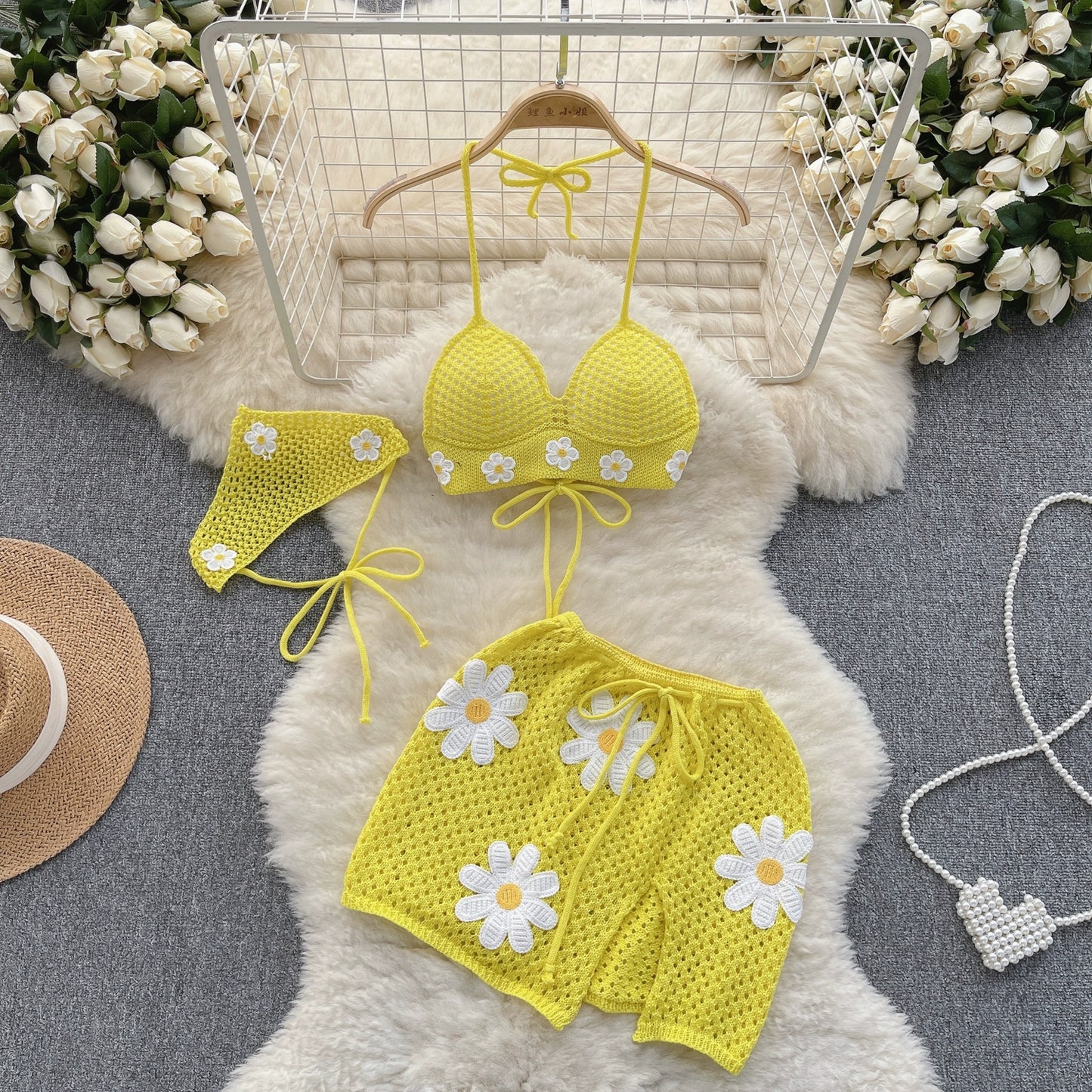 Women's Summer Flowers Design Seaside Resort-Style knitted Strappy Three-Piece Bikini Set