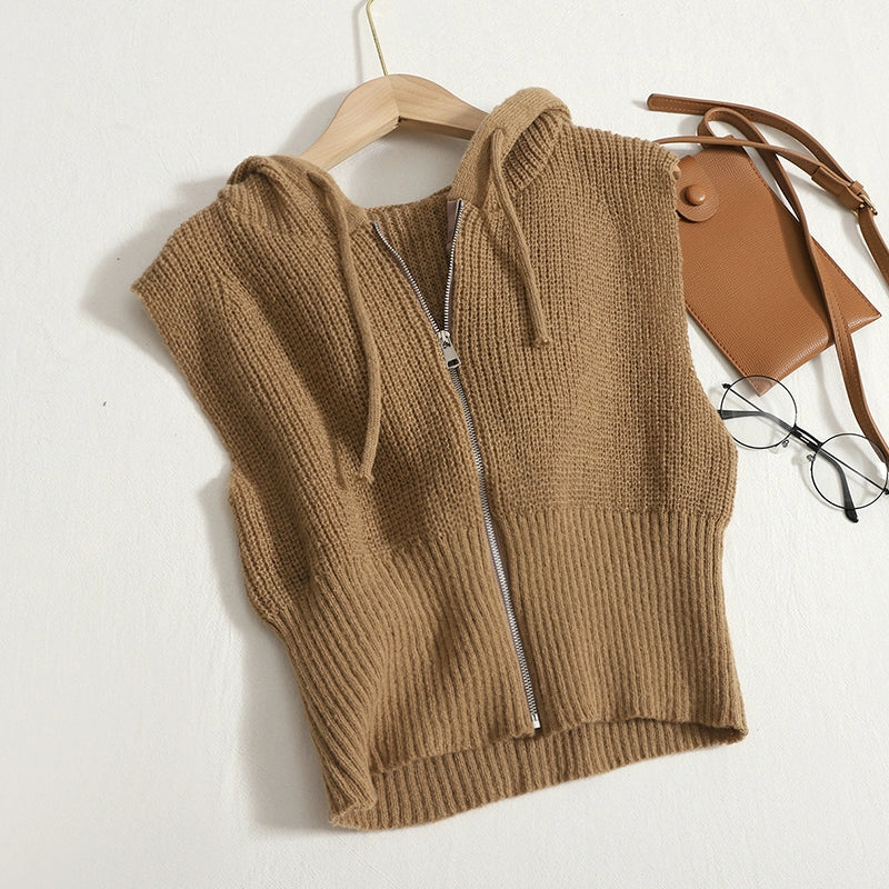 Korean version Zipper Hooded Sleeveless Vest knitwear Short Small Cardigan Top For Autumn And Winter