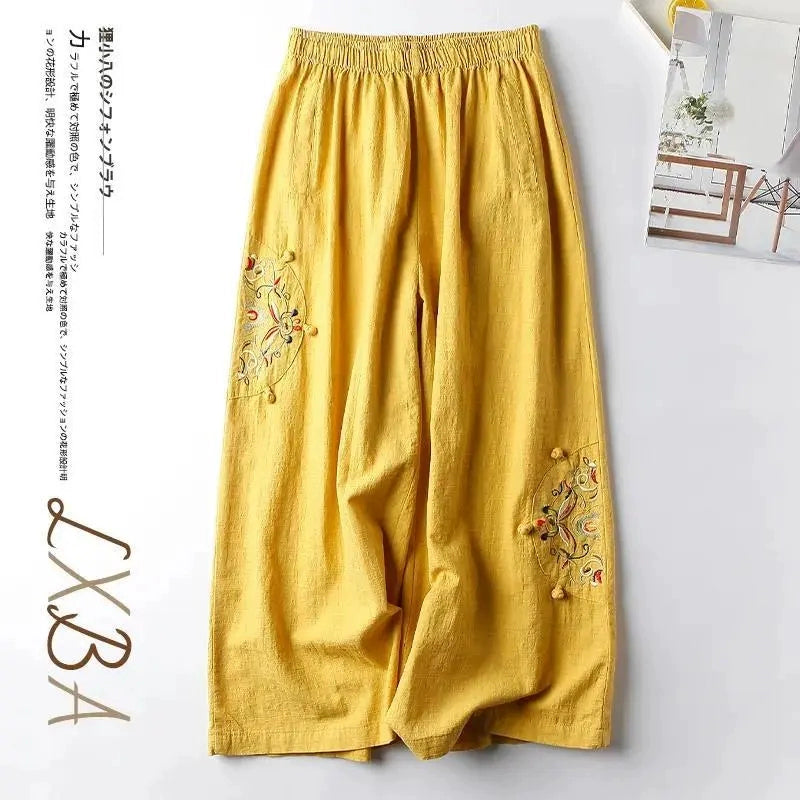 Summer Retro Style Embroidered cotton and linen slacks, women's pant