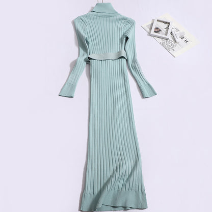 Autumn And Winter Korean Version High Neck Stretch Tight Waistband Knitted Hip Wrapping Dress