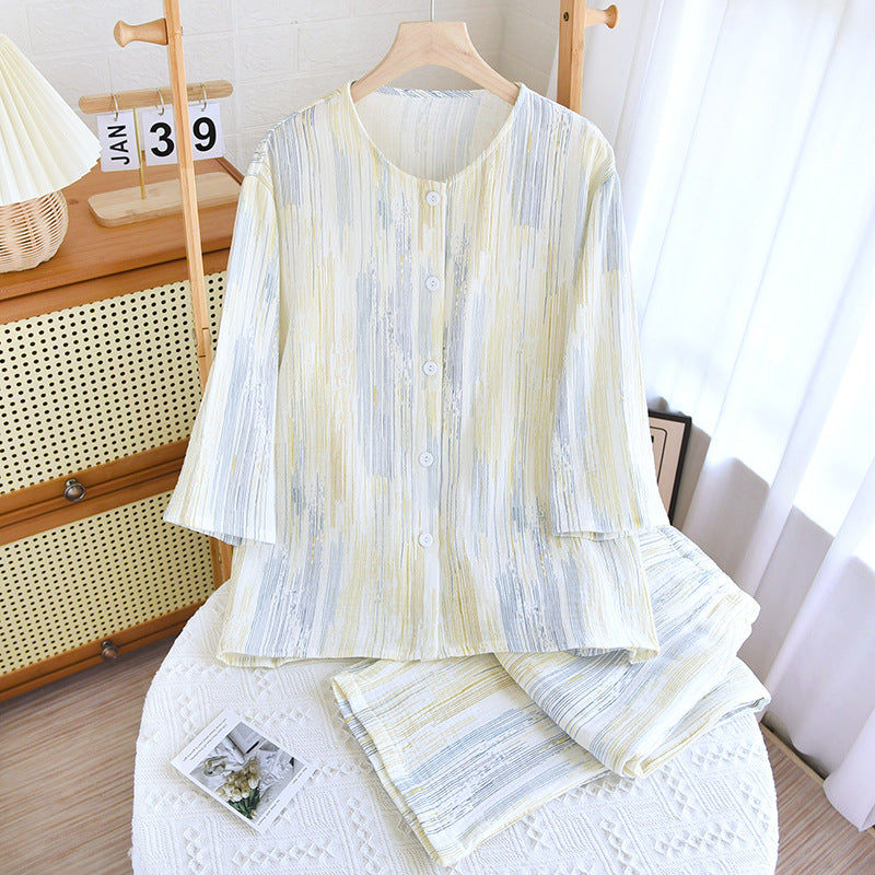 Pajamas cotton women's summer class A thin cotton yarn striped cropped sleeve cropped pants cotton loungewear set